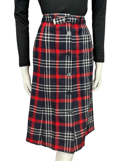 VTG 70S NAVY BLUE RED WHITE TARTAN PLAID PREPPY SECRETARY BELT MIDI SKIRT 16