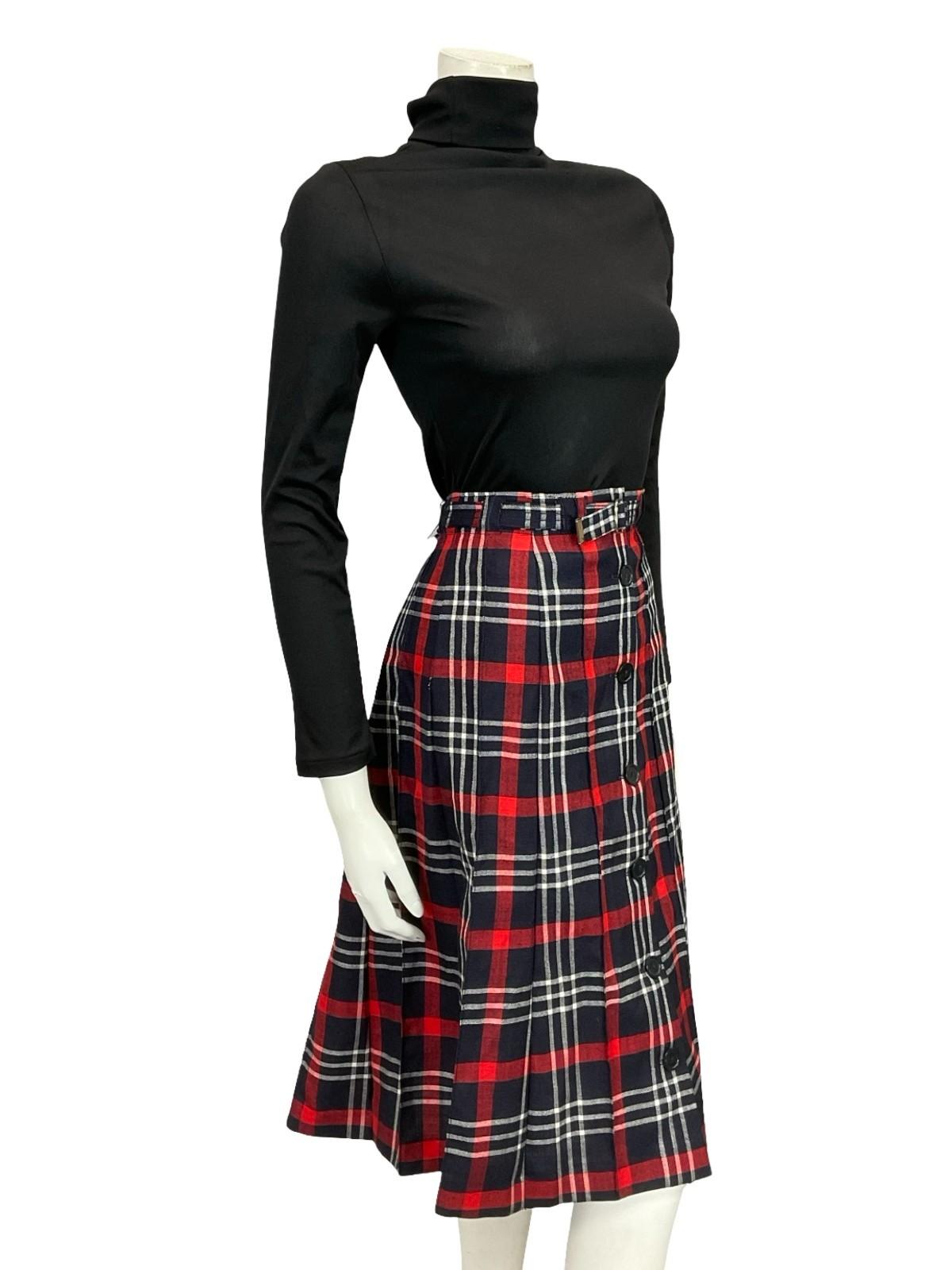 VTG 70S NAVY BLUE RED WHITE TARTAN PLAID PREPPY SECRETARY BELT MIDI SKIRT 16