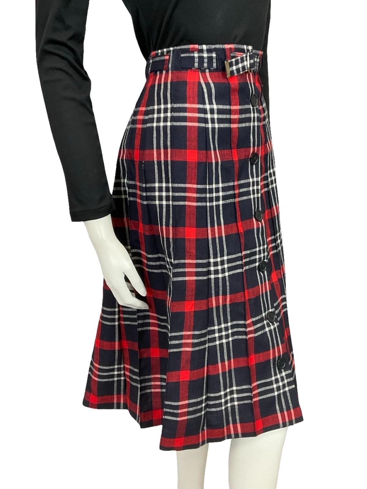 VTG 70S NAVY BLUE RED WHITE TARTAN PLAID PREPPY SECRETARY BELT MIDI SKIRT 16