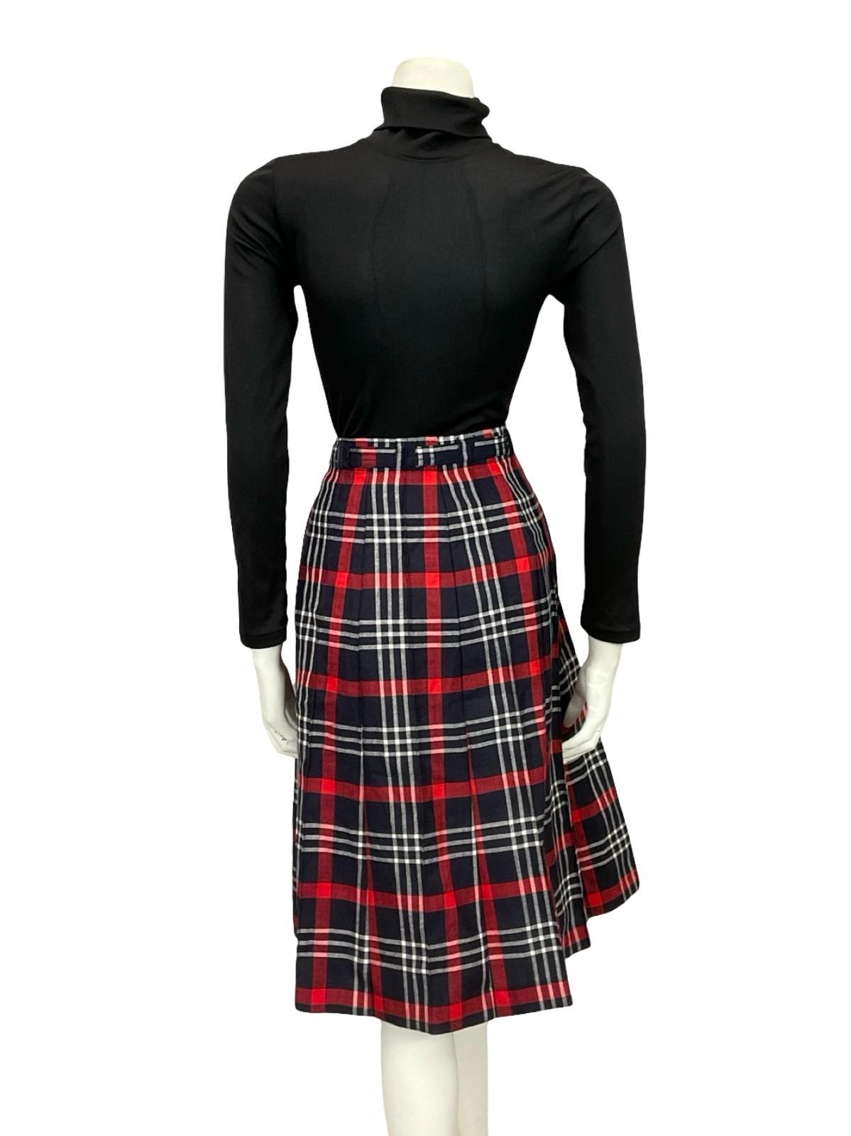 VTG 70S NAVY BLUE RED WHITE TARTAN PLAID PREPPY SECRETARY BELT MIDI SKIRT 16