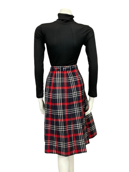 VTG 70S NAVY BLUE RED WHITE TARTAN PLAID PREPPY SECRETARY BELT MIDI SKIRT 16