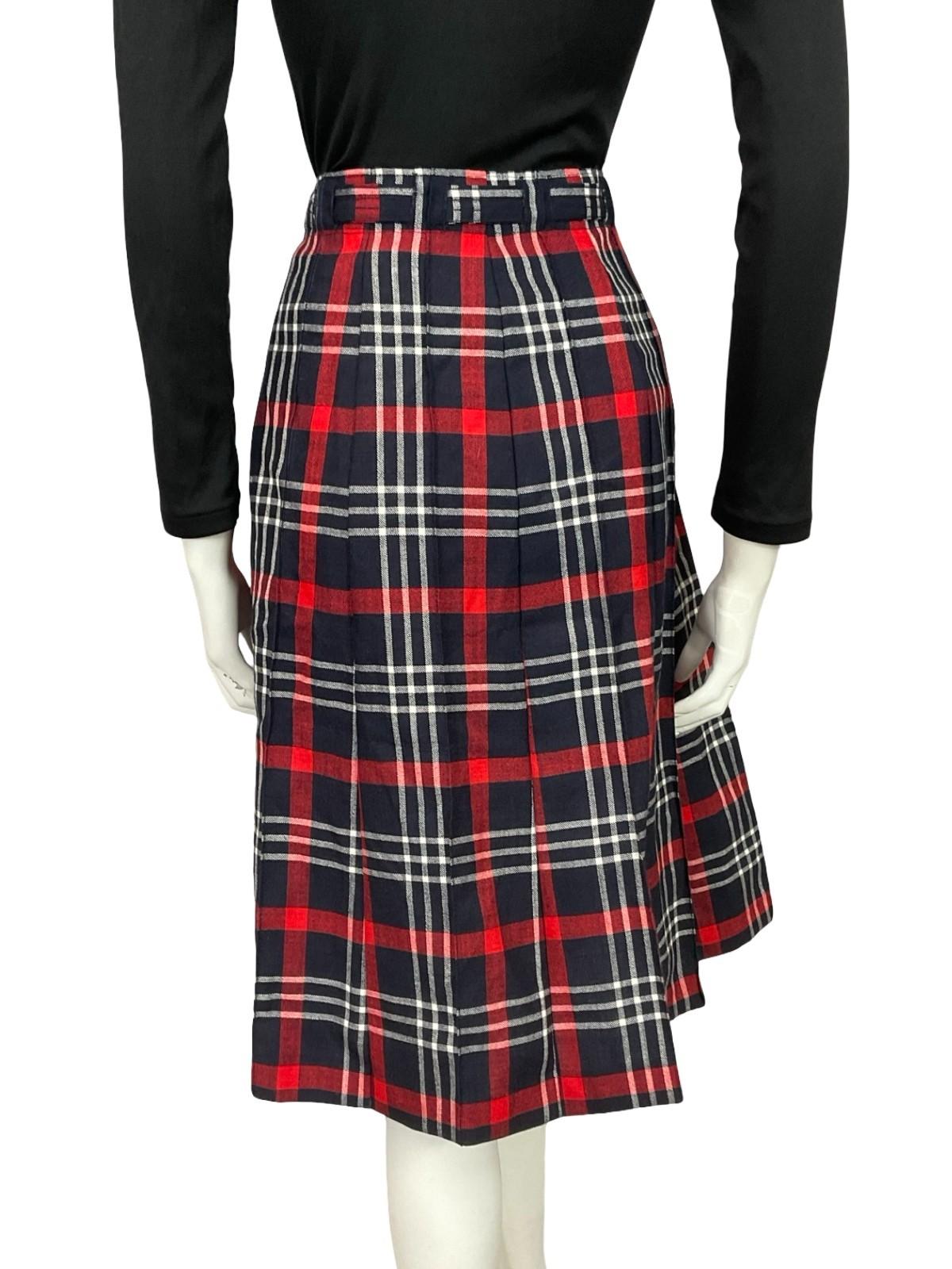 VTG 70S NAVY BLUE RED WHITE TARTAN PLAID PREPPY SECRETARY BELT MIDI SKIRT 16