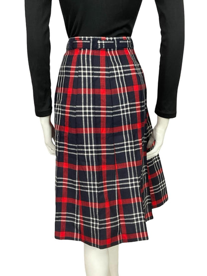 VTG 70S NAVY BLUE RED WHITE TARTAN PLAID PREPPY SECRETARY BELT MIDI SKIRT 16