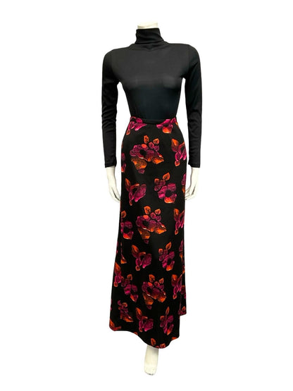 VTG 70S BLACK RED ORANGE FLORAL BOHO HIPPY MAXI SKIRT 10