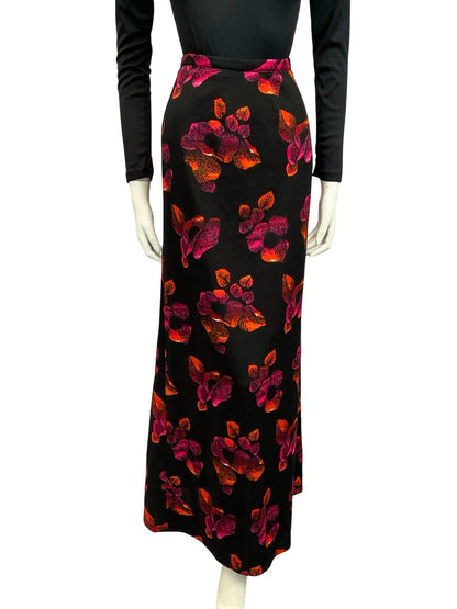 VTG 70S BLACK RED ORANGE FLORAL BOHO HIPPY MAXI SKIRT 10