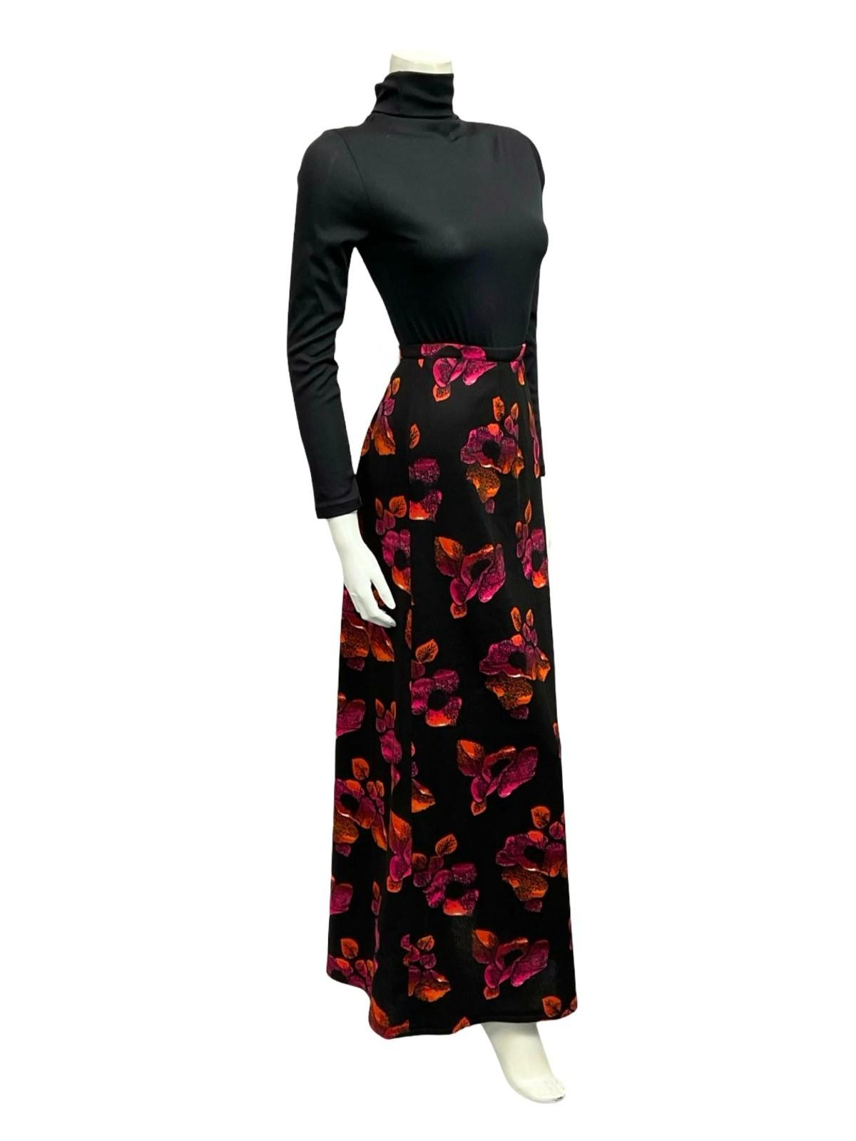 VTG 70S BLACK RED ORANGE FLORAL BOHO HIPPY MAXI SKIRT 10