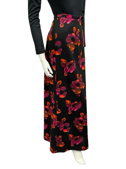 VTG 70S BLACK RED ORANGE FLORAL BOHO HIPPY MAXI SKIRT 10