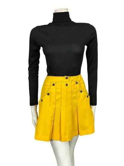 VTG 60S MOD BRIGHT YELLOW NAVY BLUE SAILOR CONTRAST STITCH PLEATED MINI SKIRT 6