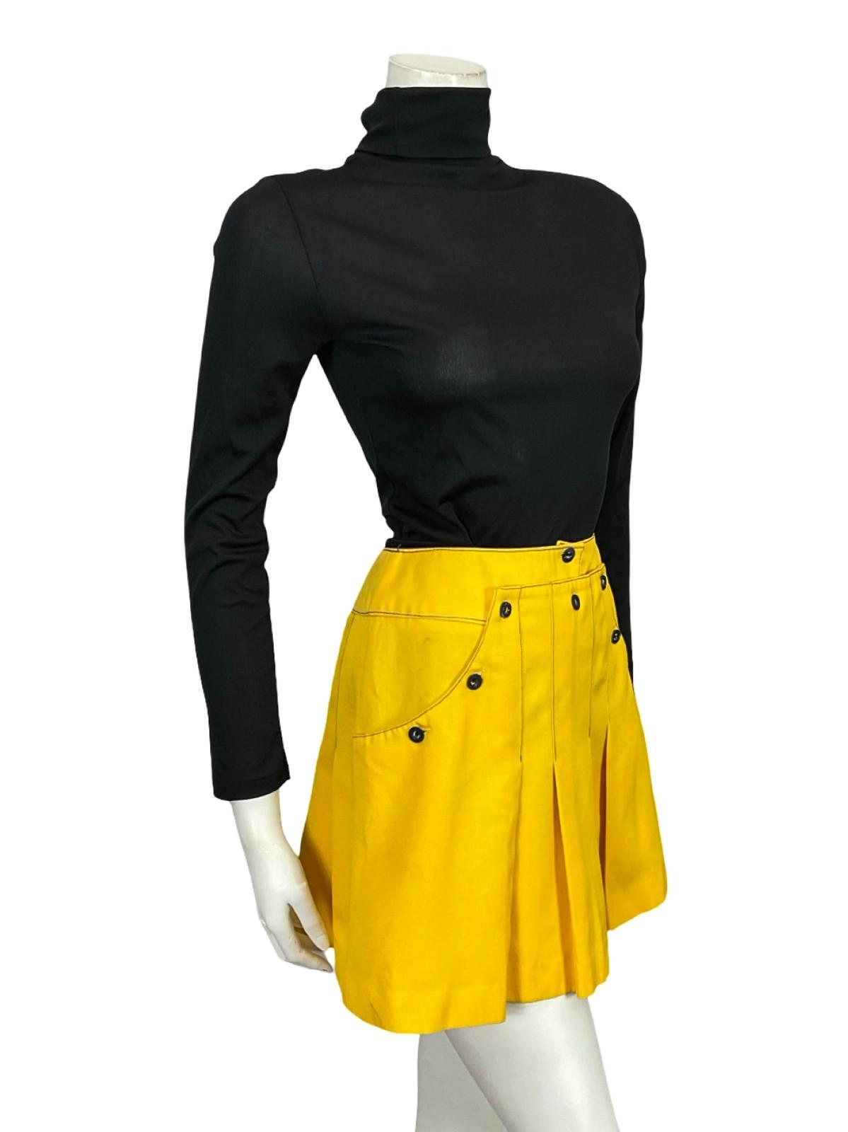 VTG 60S MOD BRIGHT YELLOW NAVY BLUE SAILOR CONTRAST STITCH PLEATED MINI SKIRT 6