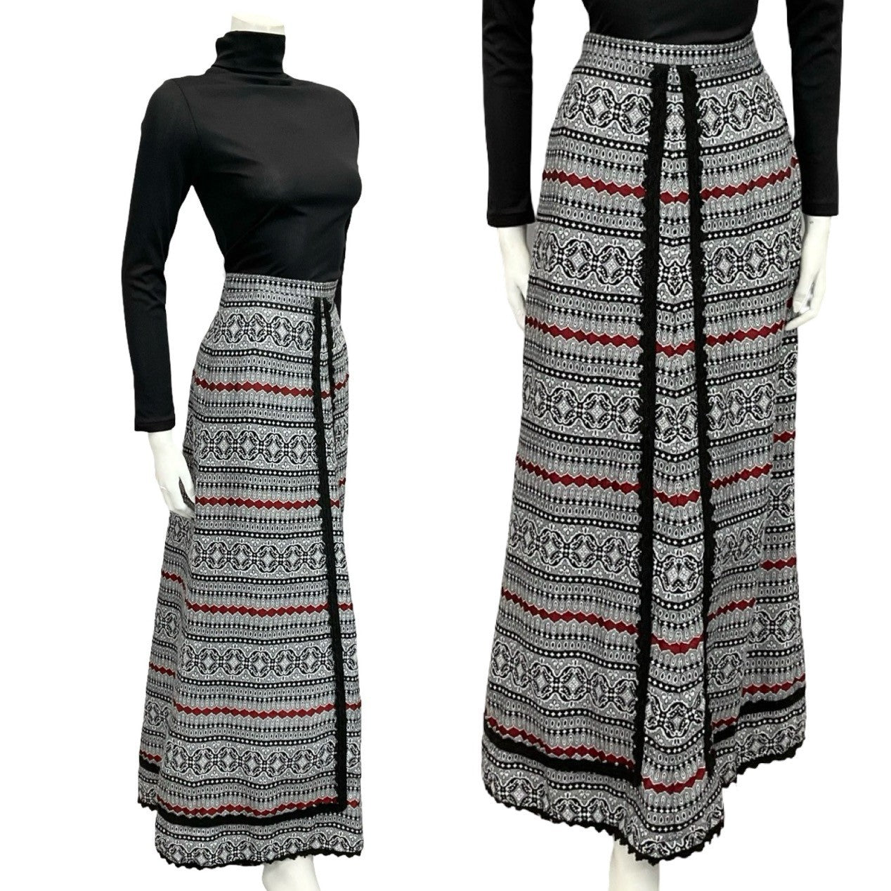 Mannequin wears a 60s 70s white black and red folk ric rac maxi skirt with a black turtleneck