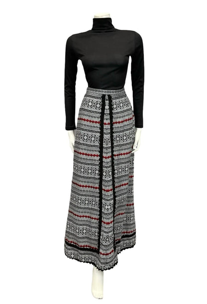VTG 70S FOLK HIPPY WHITE BLACK RED GEOMETRIC RIC RAC MAXI SKIRT 10