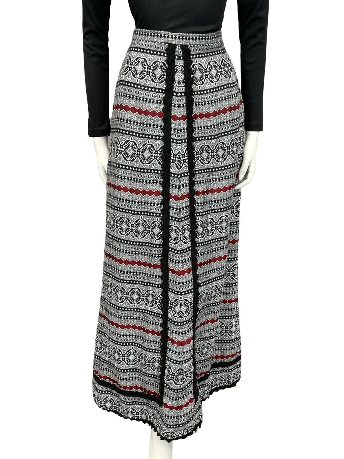 VTG 70S FOLK HIPPY WHITE BLACK RED GEOMETRIC RIC RAC MAXI SKIRT 10