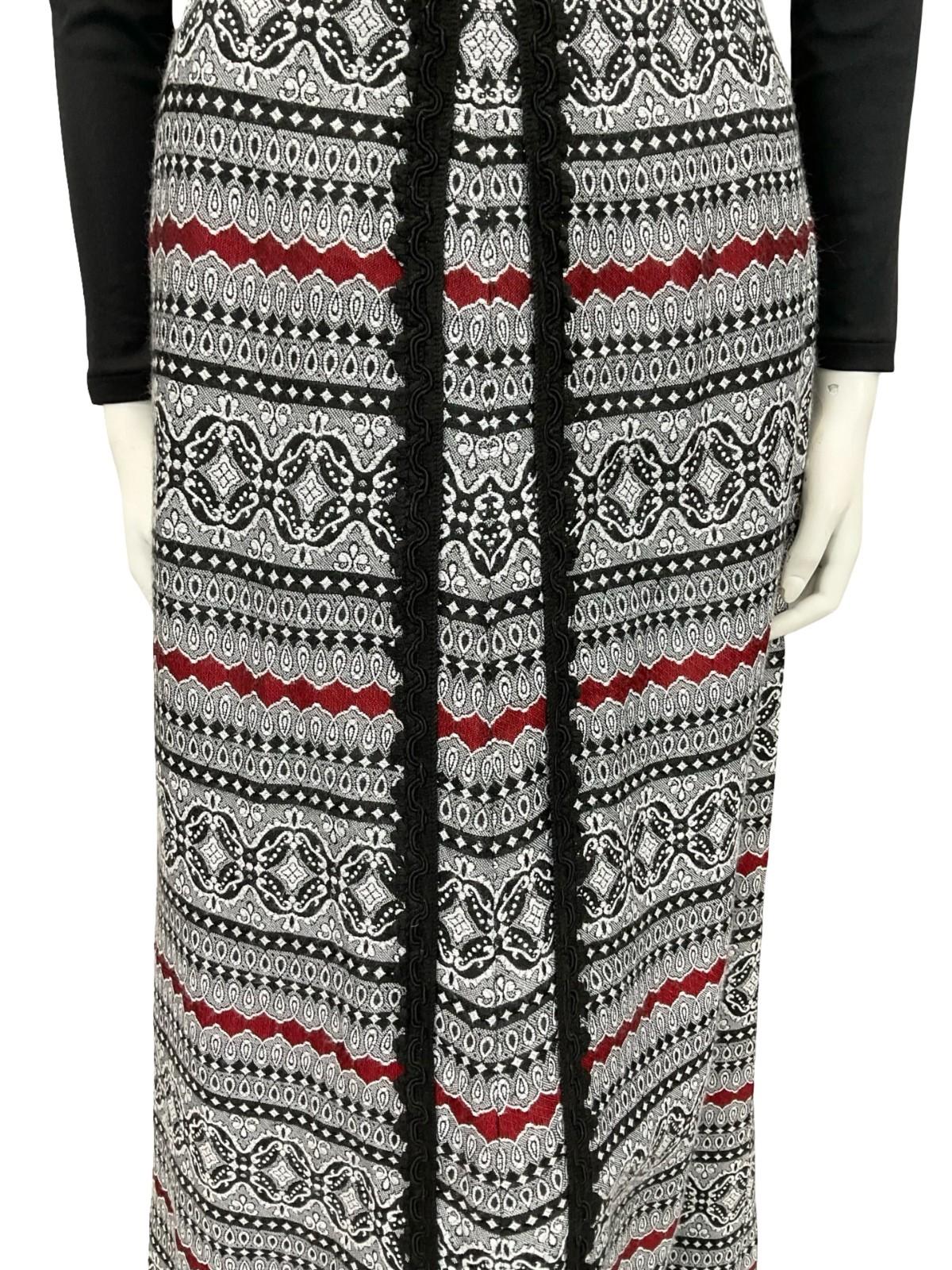 VTG 70S FOLK HIPPY WHITE BLACK RED GEOMETRIC RIC RAC MAXI SKIRT 10