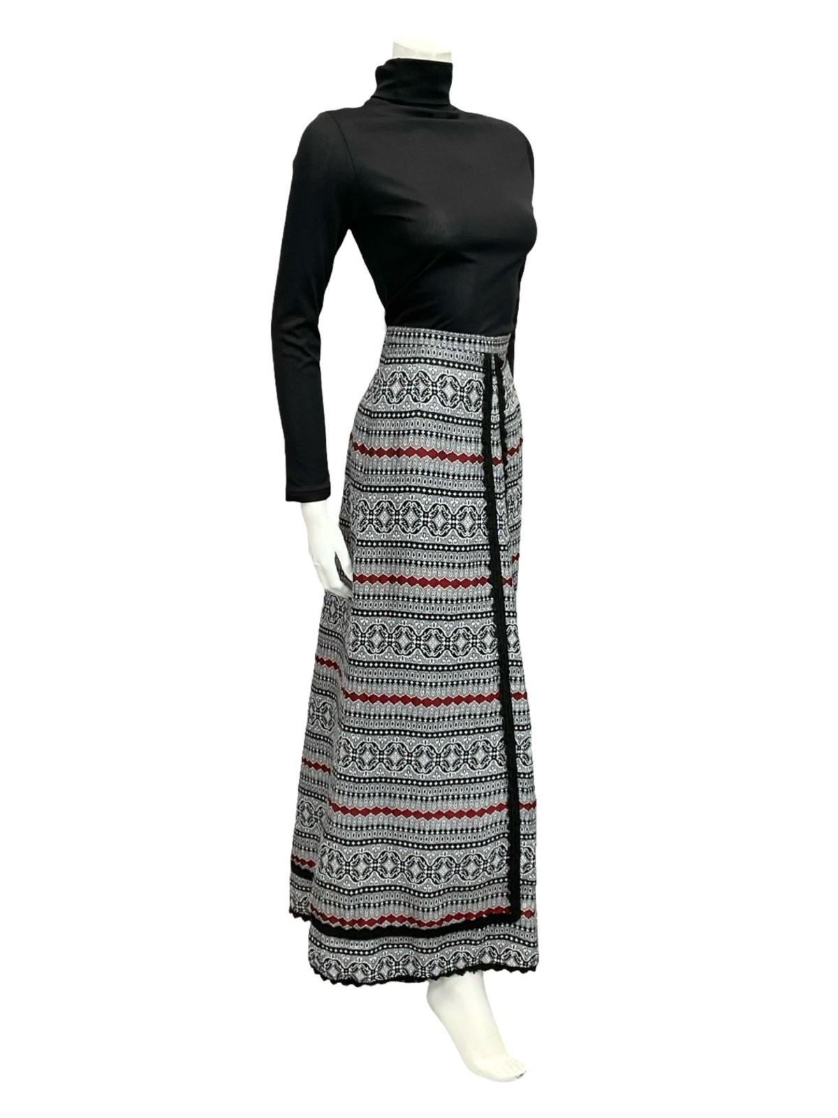 VTG 70S FOLK HIPPY WHITE BLACK RED GEOMETRIC RIC RAC MAXI SKIRT 10