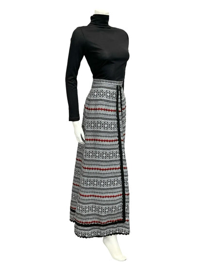 VTG 70S FOLK HIPPY WHITE BLACK RED GEOMETRIC RIC RAC MAXI SKIRT 10