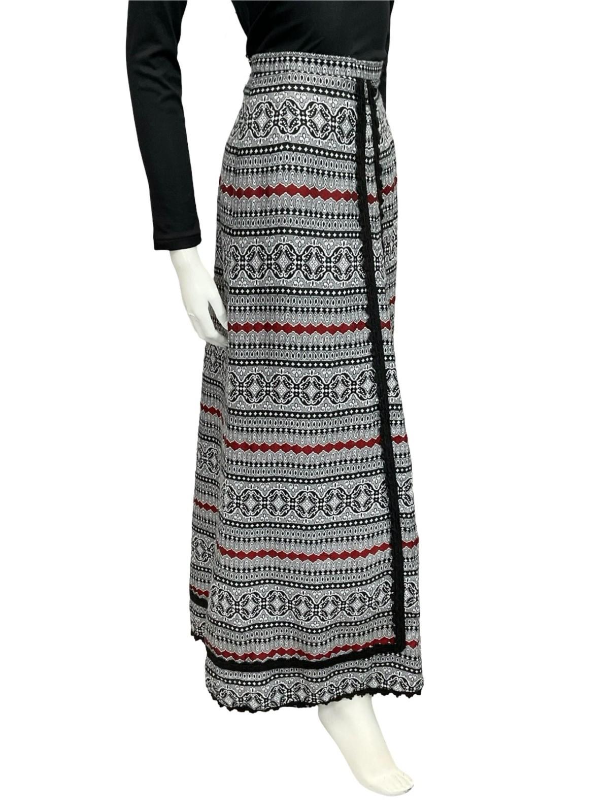 VTG 70S FOLK HIPPY WHITE BLACK RED GEOMETRIC RIC RAC MAXI SKIRT 10