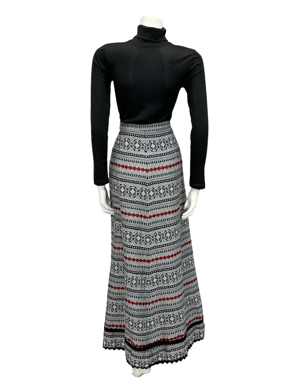 VTG 70S FOLK HIPPY WHITE BLACK RED GEOMETRIC RIC RAC MAXI SKIRT 10