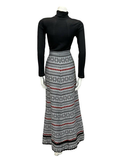 VTG 70S FOLK HIPPY WHITE BLACK RED GEOMETRIC RIC RAC MAXI SKIRT 10