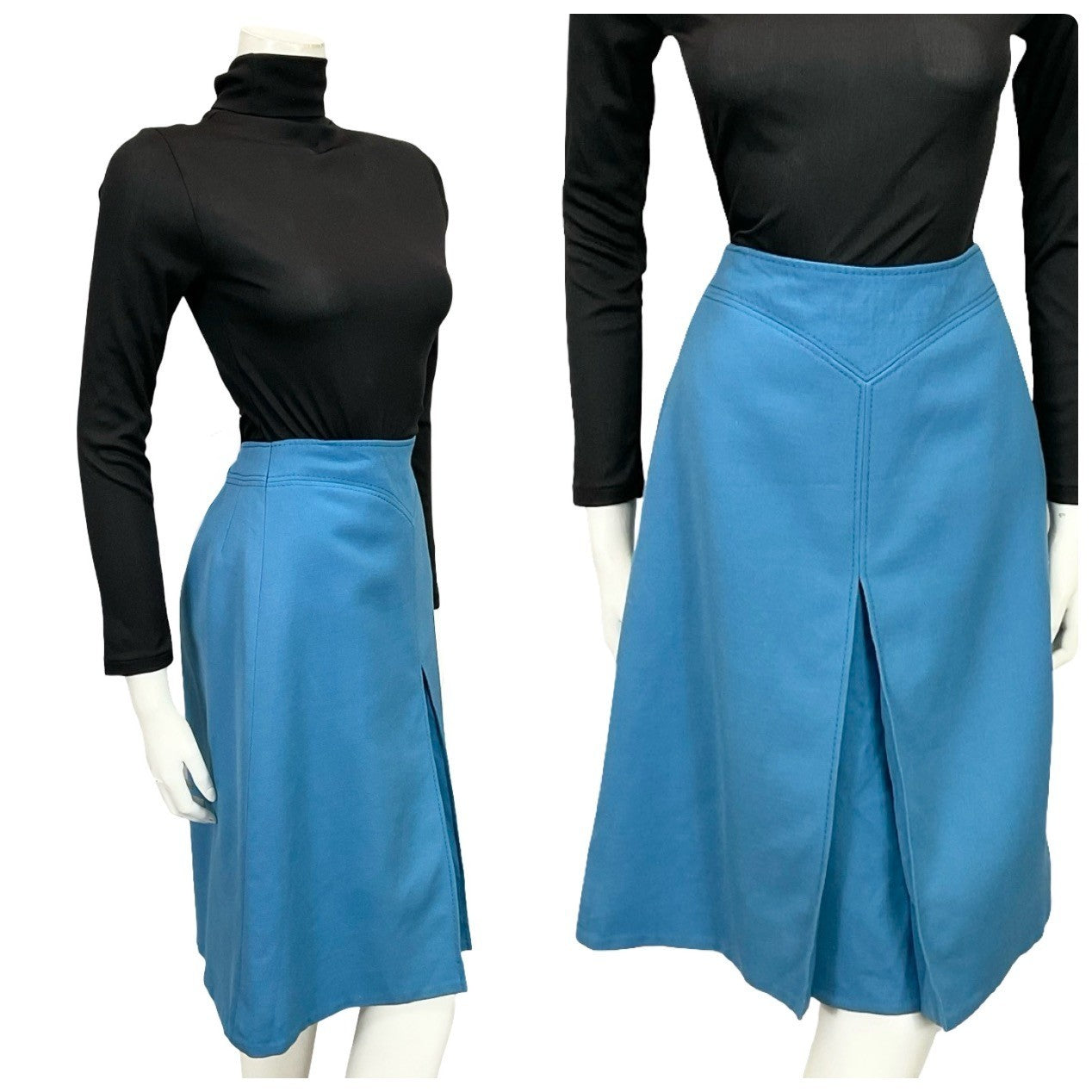 Mannequin wears a 60s 70s bright blue pleated mini skirt with a black turtleneck.