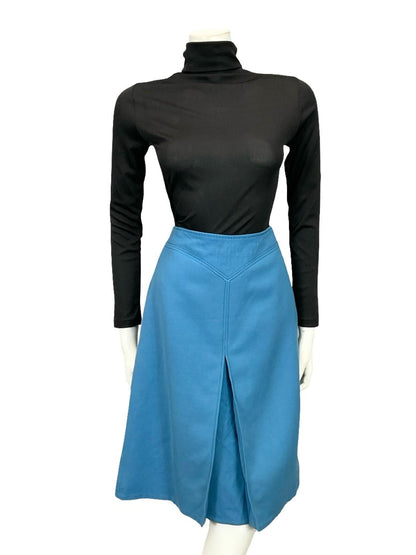 VTG 60S 70S BRIGHT BLUE PLEAT SECRETARY MOD WOOL MIDI SKIRT S 6