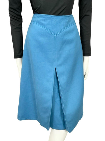 VTG 60S 70S BRIGHT BLUE PLEAT SECRETARY MOD WOOL MIDI SKIRT S 6