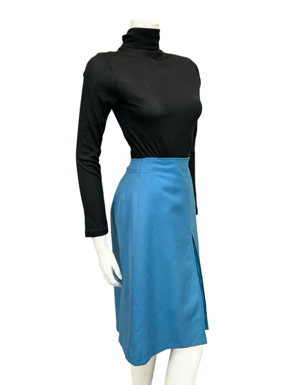 VTG 60S 70S BRIGHT BLUE PLEAT SECRETARY MOD WOOL MIDI SKIRT S 6
