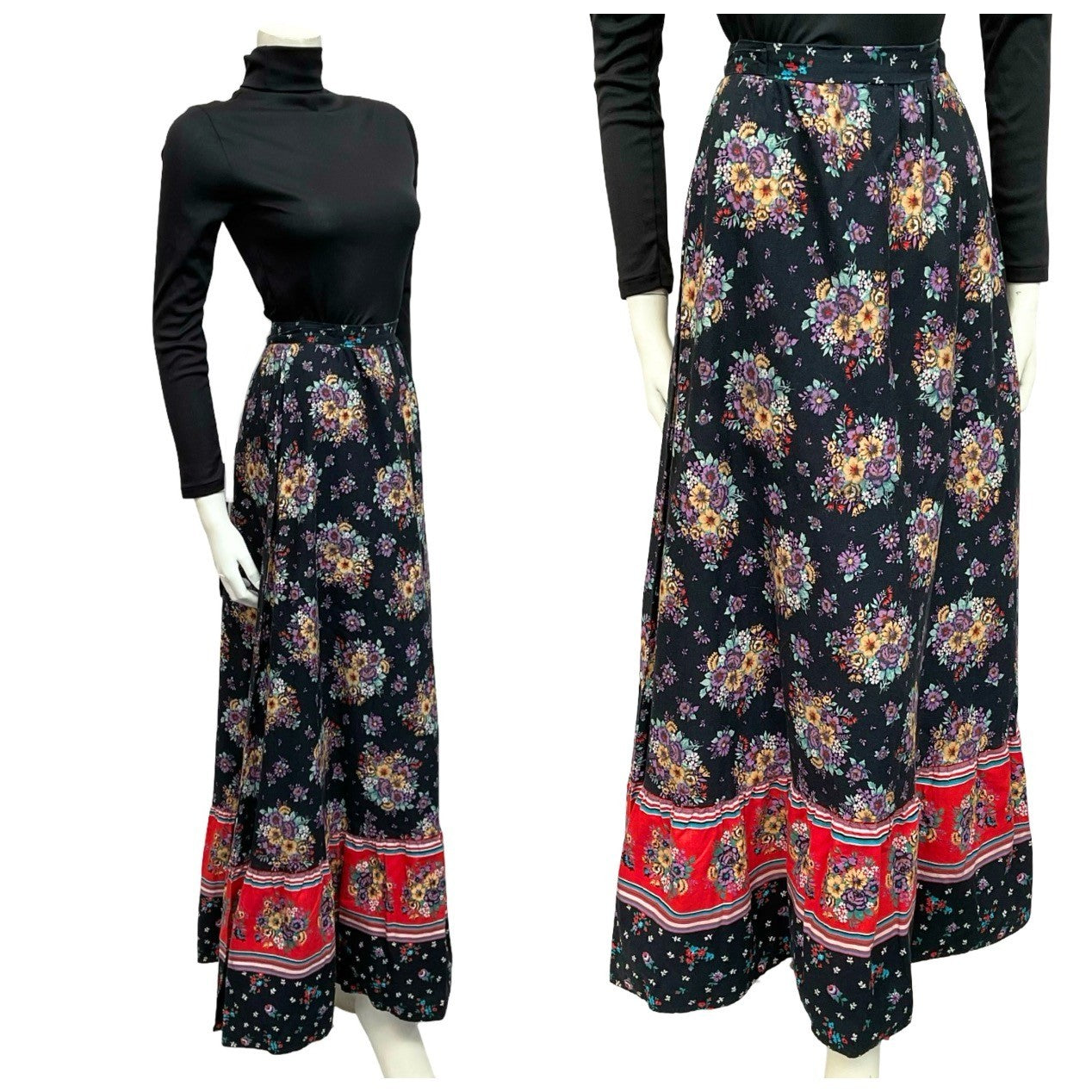Mannequin wears a 70s black red and blue floral folk printed maxi skirt and a black turtleneck