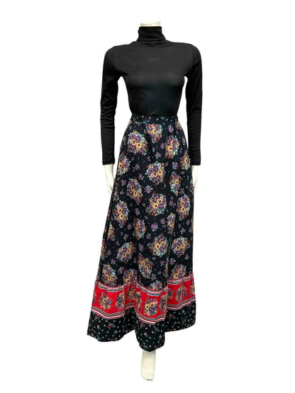 VTG 70S BLACK RED PURPLE FLORAL BOUQUET BOHO HIPPY MAXI SKIRT XS 6