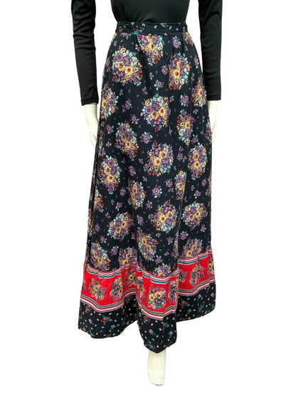 VTG 70S BLACK RED PURPLE FLORAL BOUQUET BOHO HIPPY MAXI SKIRT XS 6