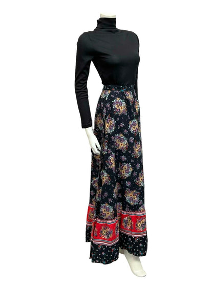 VTG 70S BLACK RED PURPLE FLORAL BOUQUET BOHO HIPPY MAXI SKIRT XS 6