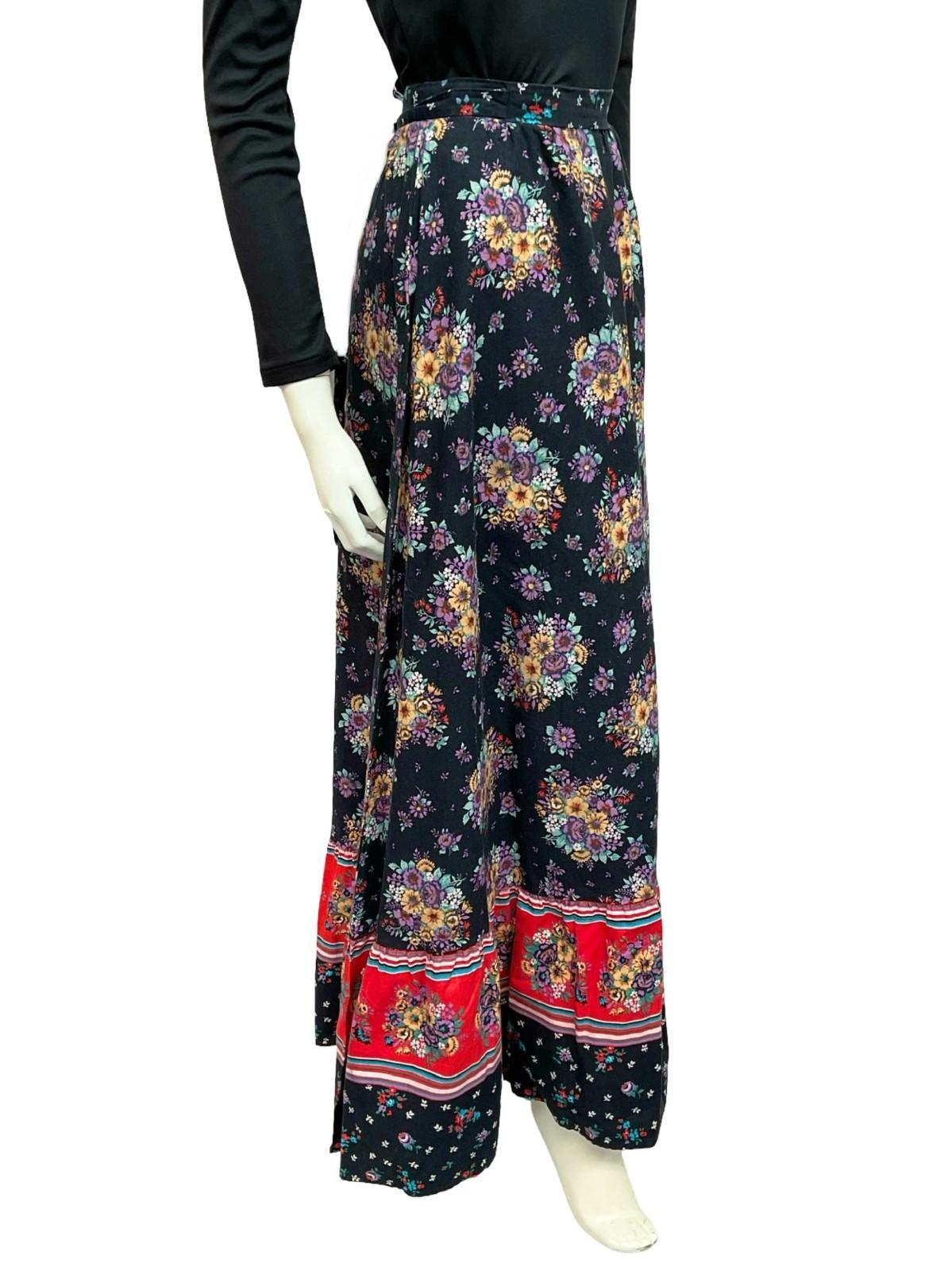 VTG 70S BLACK RED PURPLE FLORAL BOUQUET BOHO HIPPY MAXI SKIRT XS 6
