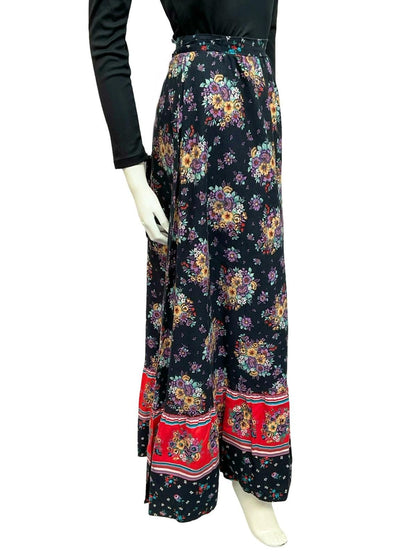 VTG 70S BLACK RED PURPLE FLORAL BOUQUET BOHO HIPPY MAXI SKIRT XS 6