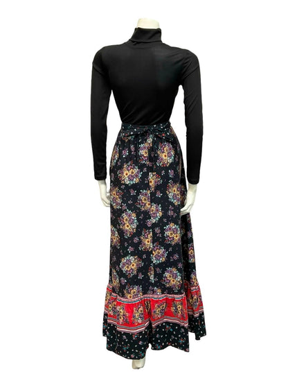 VTG 70S BLACK RED PURPLE FLORAL BOUQUET BOHO HIPPY MAXI SKIRT XS 6