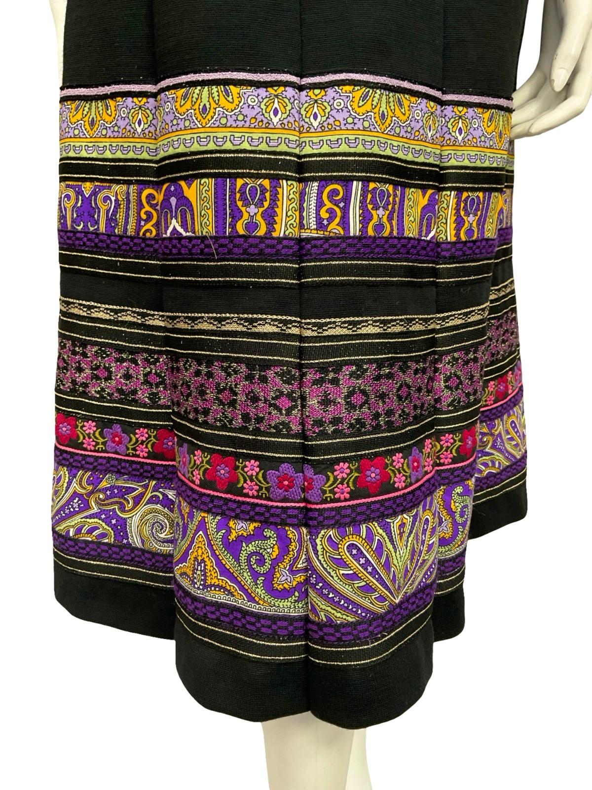 VTG 70S BLACK PURPLE YELLOW HIPPY FOLK FLORAL METALLIC TRIM QUILTED SKIRT 8