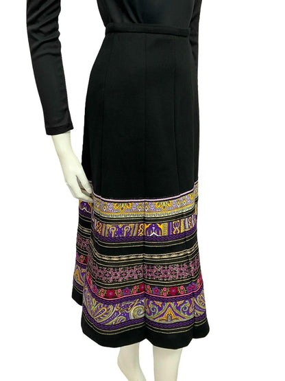 VTG 70S BLACK PURPLE YELLOW HIPPY FOLK FLORAL METALLIC TRIM QUILTED SKIRT 8