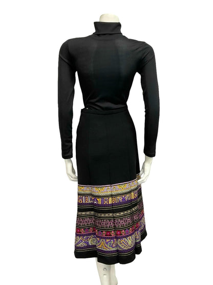 VTG 70S BLACK PURPLE YELLOW HIPPY FOLK FLORAL METALLIC TRIM QUILTED SKIRT 8