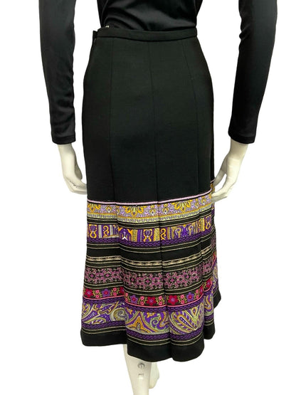 VTG 70S BLACK PURPLE YELLOW HIPPY FOLK FLORAL METALLIC TRIM QUILTED SKIRT 8
