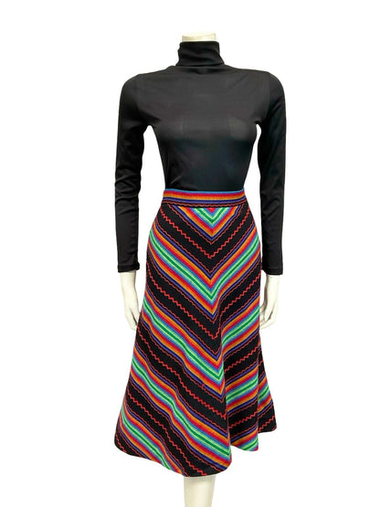 VTG 60S 70S RAINBOW BLACK RED GREEN BLUE CHEVRON STRIPE GEOMETRIC SKIRT 12 14 M
