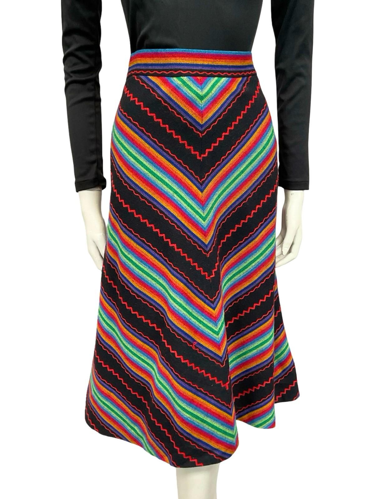 VTG 60S 70S RAINBOW BLACK RED GREEN BLUE CHEVRON STRIPE GEOMETRIC SKIRT 12 14 M
