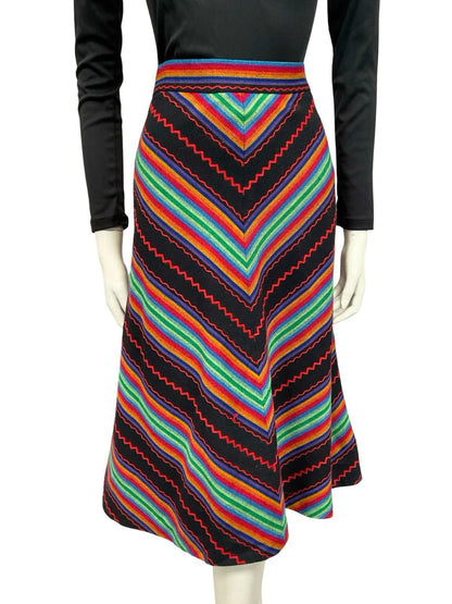 VTG 60S 70S RAINBOW BLACK RED GREEN BLUE CHEVRON STRIPE GEOMETRIC SKIRT 12 14 M