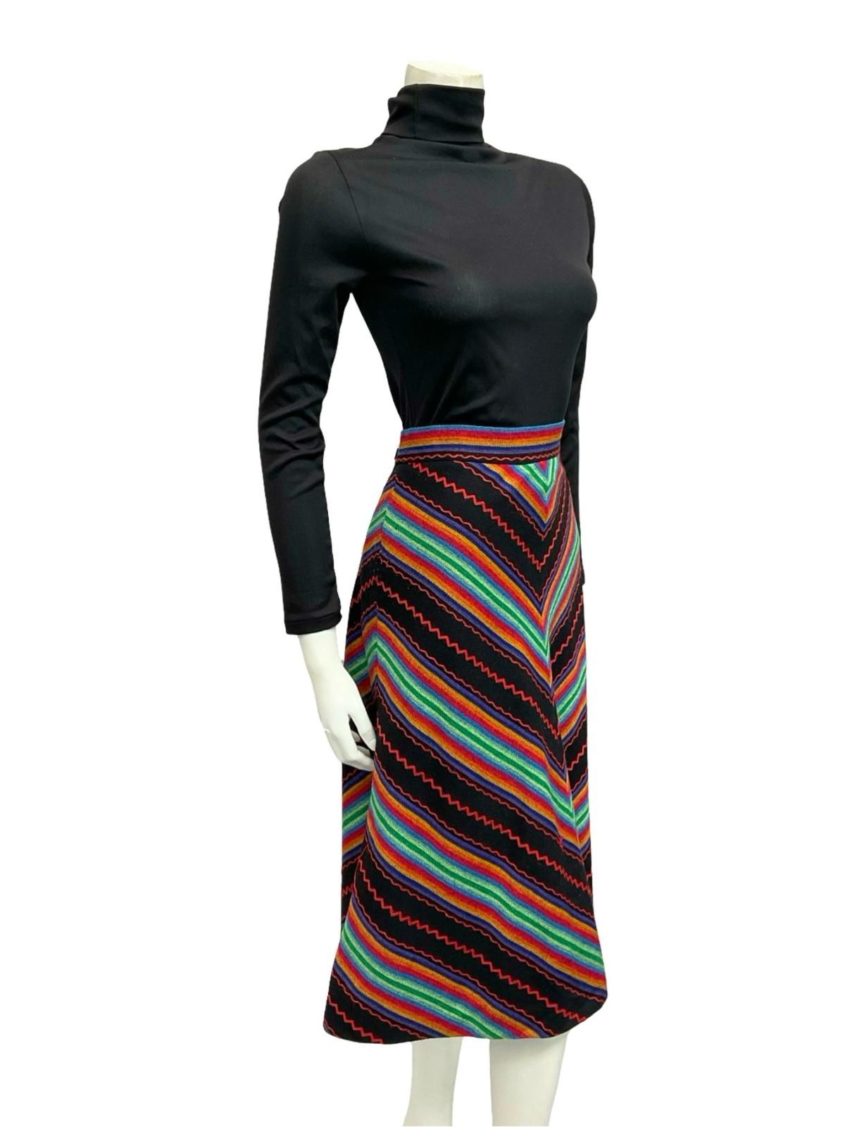 VTG 60S 70S RAINBOW BLACK RED GREEN BLUE CHEVRON STRIPE GEOMETRIC SKIRT 12 14 M