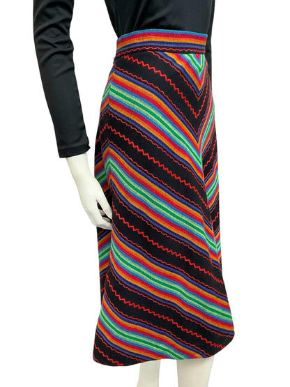VTG 60S 70S RAINBOW BLACK RED GREEN BLUE CHEVRON STRIPE GEOMETRIC SKIRT 12 14 M