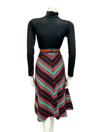 VTG 60S 70S RAINBOW BLACK RED GREEN BLUE CHEVRON STRIPE GEOMETRIC SKIRT 12 14 M