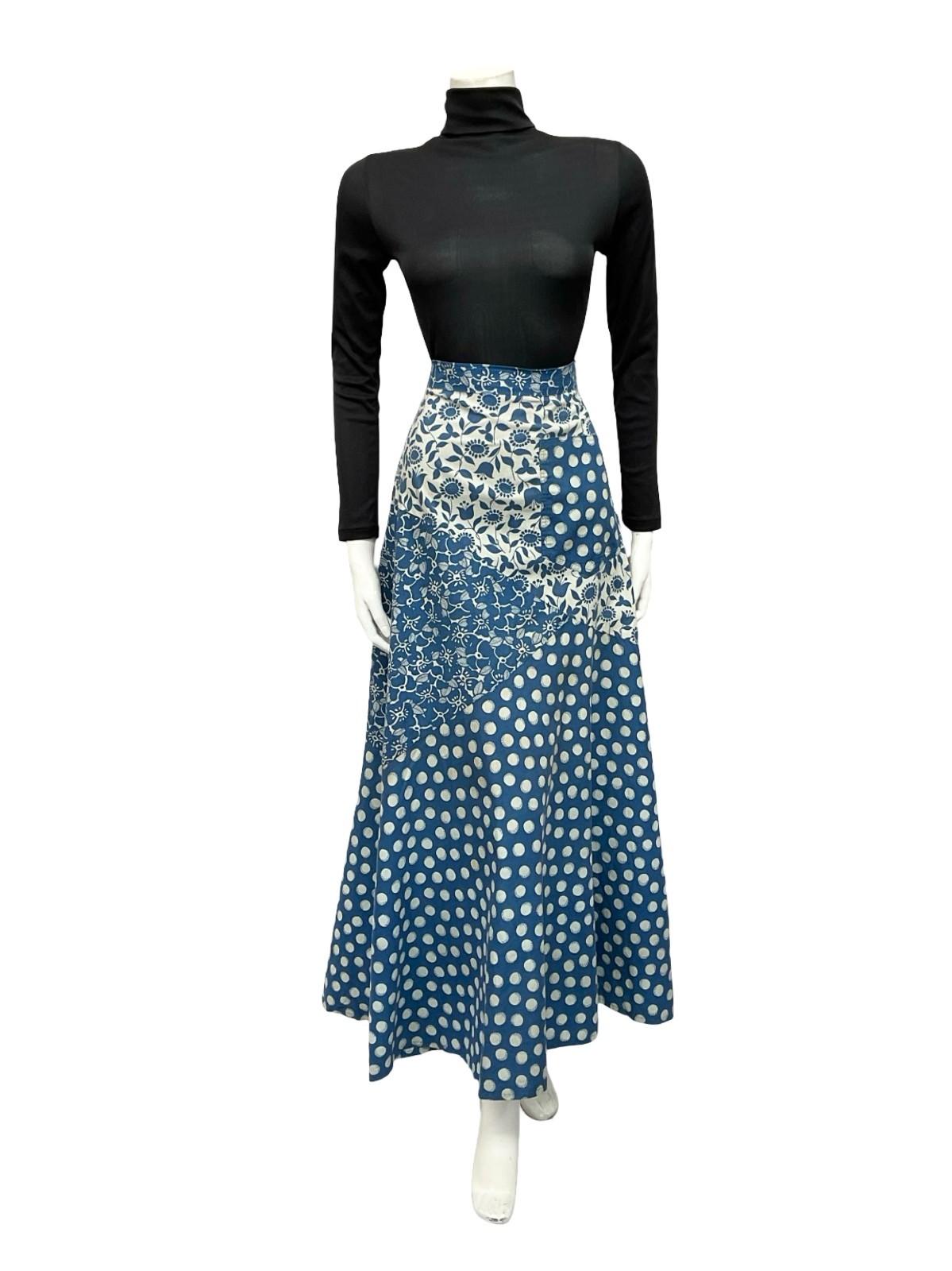VTG 70S OFF WHITE BLUE RIC RAC FOLK FLORAL DOTTY A LINE MAXI SKIRT 8 10 S