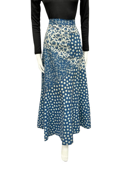 VTG 70S OFF WHITE BLUE RIC RAC FOLK FLORAL DOTTY A LINE MAXI SKIRT 8 10 S