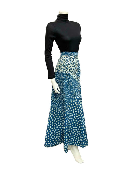 VTG 70S OFF WHITE BLUE RIC RAC FOLK FLORAL DOTTY A LINE MAXI SKIRT 8 10 S