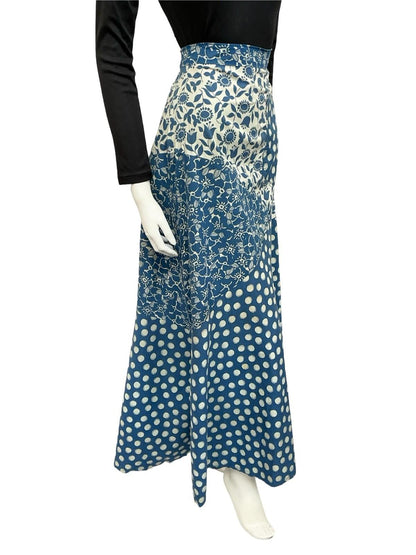 VTG 70S OFF WHITE BLUE RIC RAC FOLK FLORAL DOTTY A LINE MAXI SKIRT 8 10 S