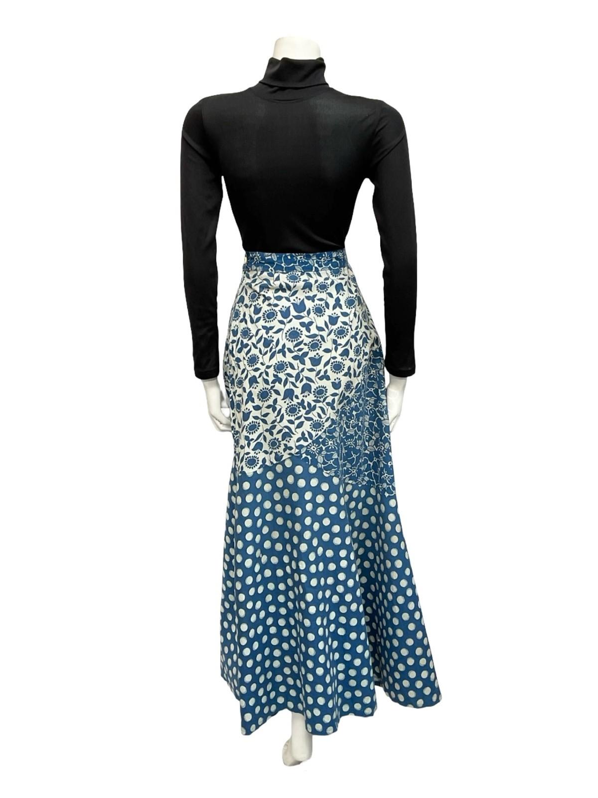 VTG 70S OFF WHITE BLUE RIC RAC FOLK FLORAL DOTTY A LINE MAXI SKIRT 8 10 S