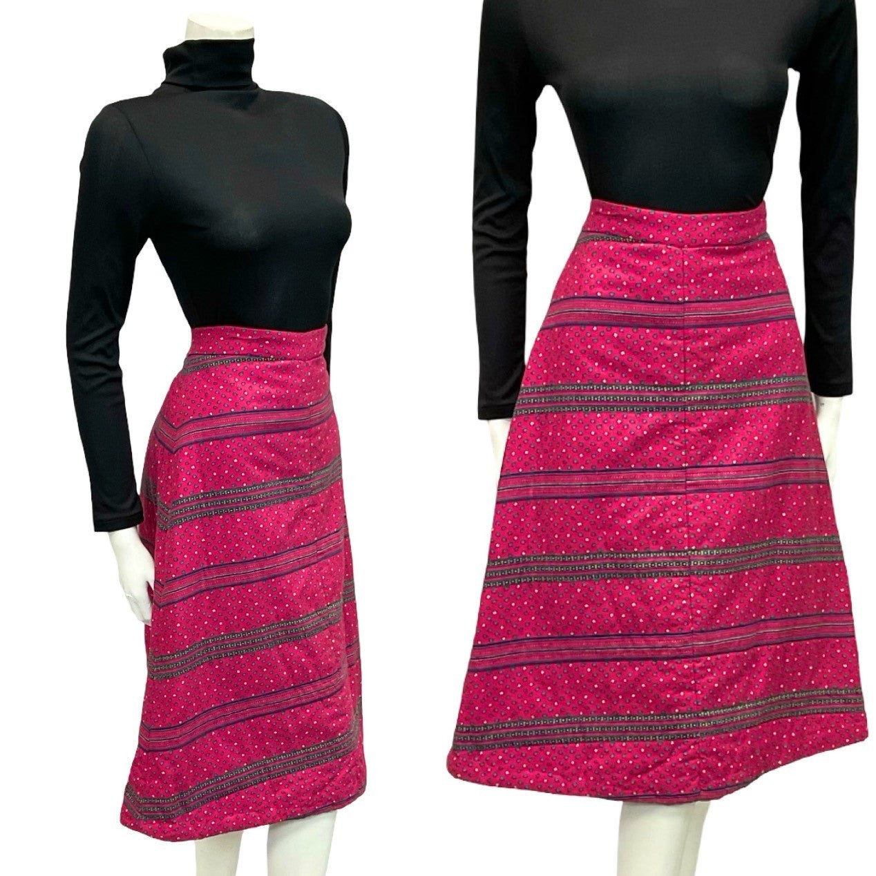 Mannequin wears a 60s 70s pink and blue floral stripe quilted midi skirt with a black turtleneck.