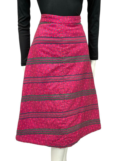 VTG 60S 70S PINK BLUE WHITE DITY FLORAL HIPPY BOHO A LINE QUILTED MIDI SKIRT 10